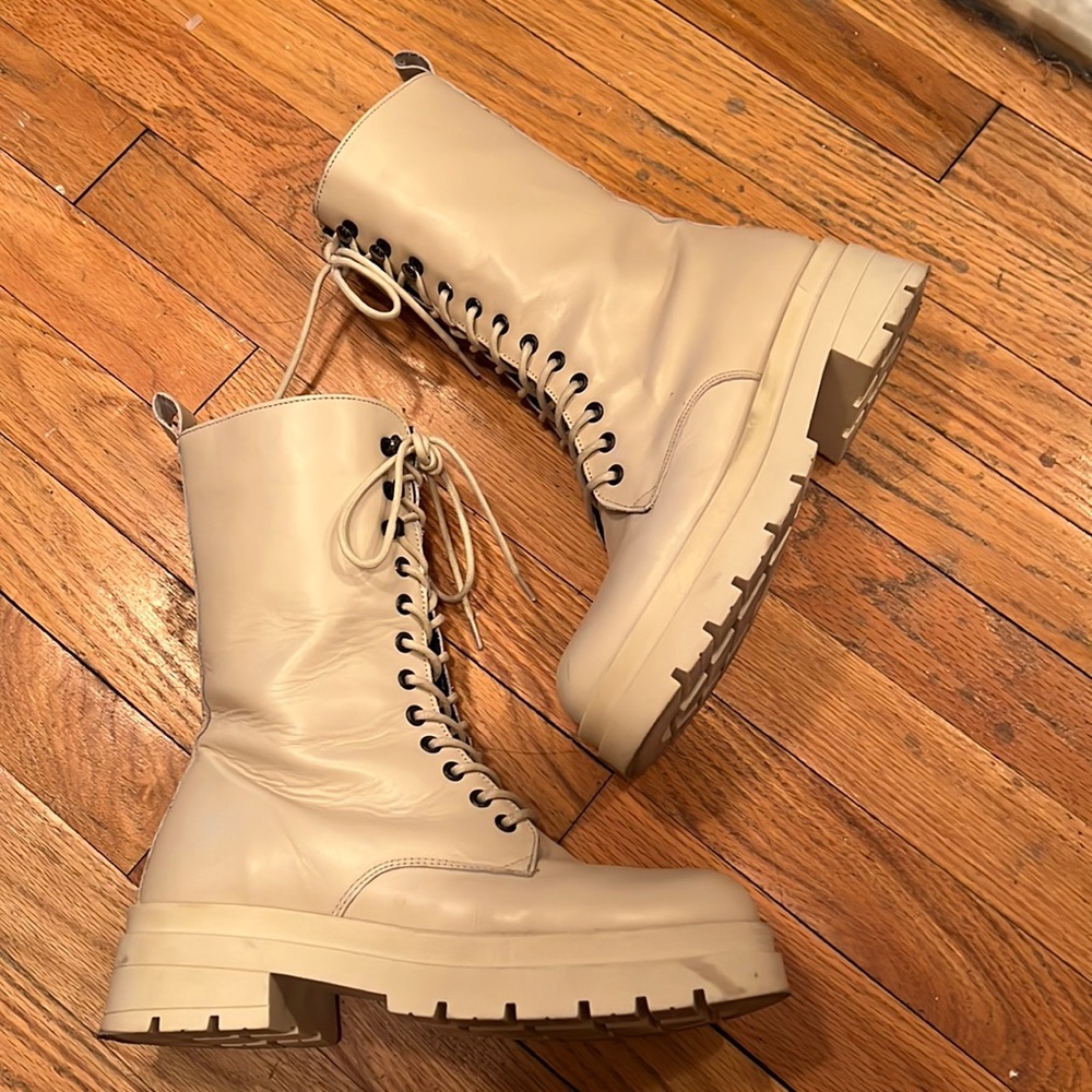 Genuine leather cream combat boots